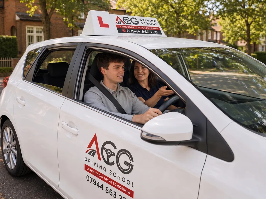 An ACG Driving School instructor guiding a learner at the wheel of the branded automatic tuition car in Nottingham