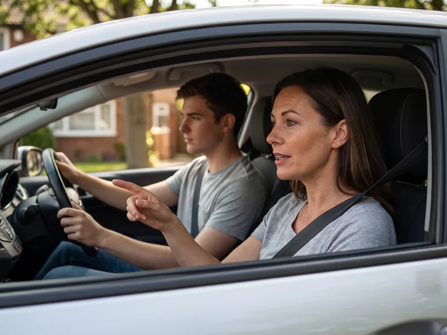 An ACG Driving School instructor pointing out the road ahead to a learner at the wheel during an automatic driving lesson in Nottingham